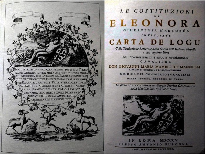 frontespizio dell'edizione della Carta de Logu, Roma 1805