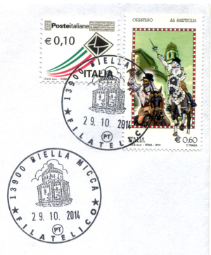 francobollo celebrativo Oristano, Sa sartiglia con annullo filatelico Biella Micca