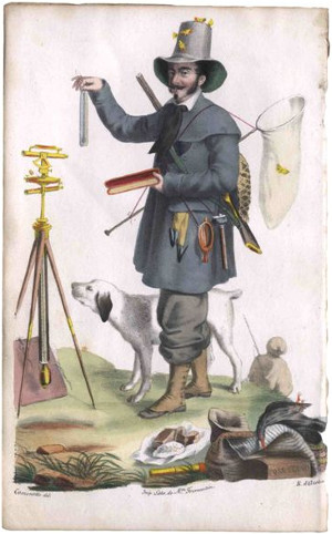 Caricatura di Alberto La Marmora con gli strumenti da esploratore, Lit. Roberto d'Azeglio, 1826 (litografia a colori) di  Giuseppe Cominotti
