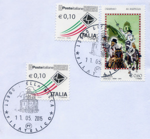 annullo filatelico speciale Biella Micca su francobollo celebrativo Sartiglia